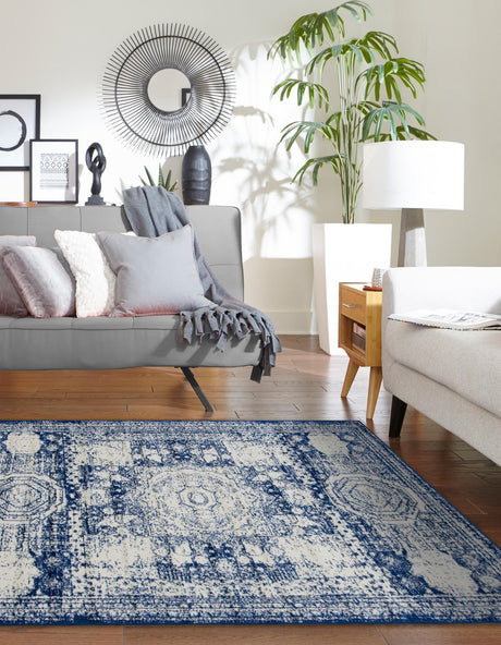 Ivory and Blue 5' 3 x 8' Bromley Rectangle Area Rug 100% Polypropylene With Cotton Backing Vintage Distressed Colorful Traditional Carpet for Living Dining Rooms Offices for Sale at Rug Engine