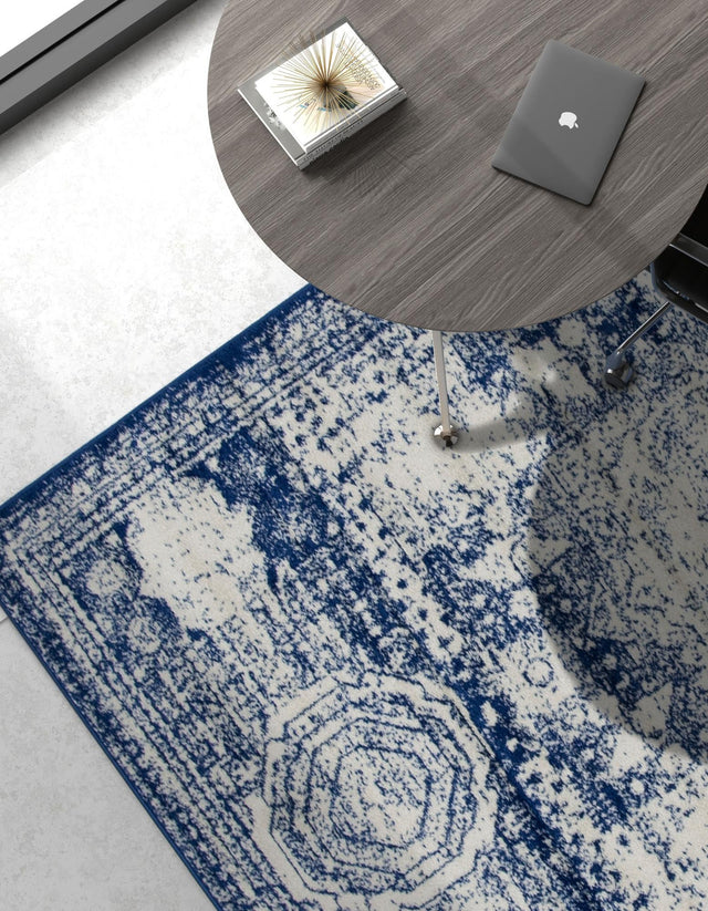 Ivory and Blue 5' 3 x 8' Bromley Rectangle Area Rug 100% Polypropylene With Cotton Backing Vintage Distressed Colorful Traditional Carpet for Living Dining Rooms Offices for Sale at Rug Engine