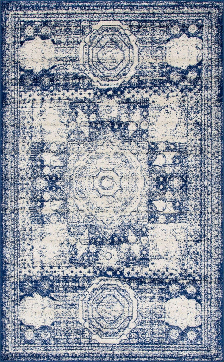 Ivory and Blue 5' 3 x 8' Bromley Rectangle Area Rug 100% Polypropylene With Cotton Backing Vintage Distressed Colorful Traditional Carpet for Living Dining Rooms Offices for Sale at Rug Engine