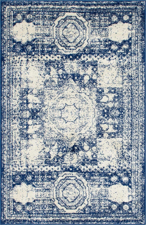 Ivory and Blue 4' 1 x 6' 1 Bromley Rectangle Area Rug 100% Polypropylene With Cotton Backing Vintage Distressed Colorful Traditional Carpet for Living Dining Rooms Offices for Sale at Rug Engine