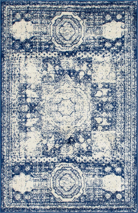 Ivory and Blue 4' 1 x 6' 1 Bromley Rectangle Area Rug 100% Polypropylene With Cotton Backing Vintage Distressed Colorful Traditional Carpet for Living Dining Rooms Offices for Sale at Rug Engine