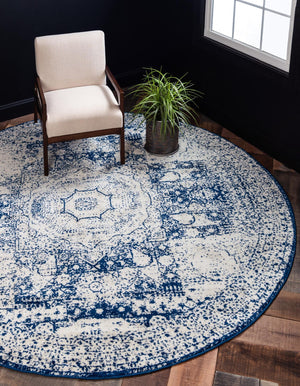 Ivory and Blue 5' 3 x 5' 3 Bromley Round Area Rug 100% Polypropylene With Cotton Backing Vintage Distressed Colorful Traditional Carpet for Living Dining Rooms Offices for Sale at Rug Engine
