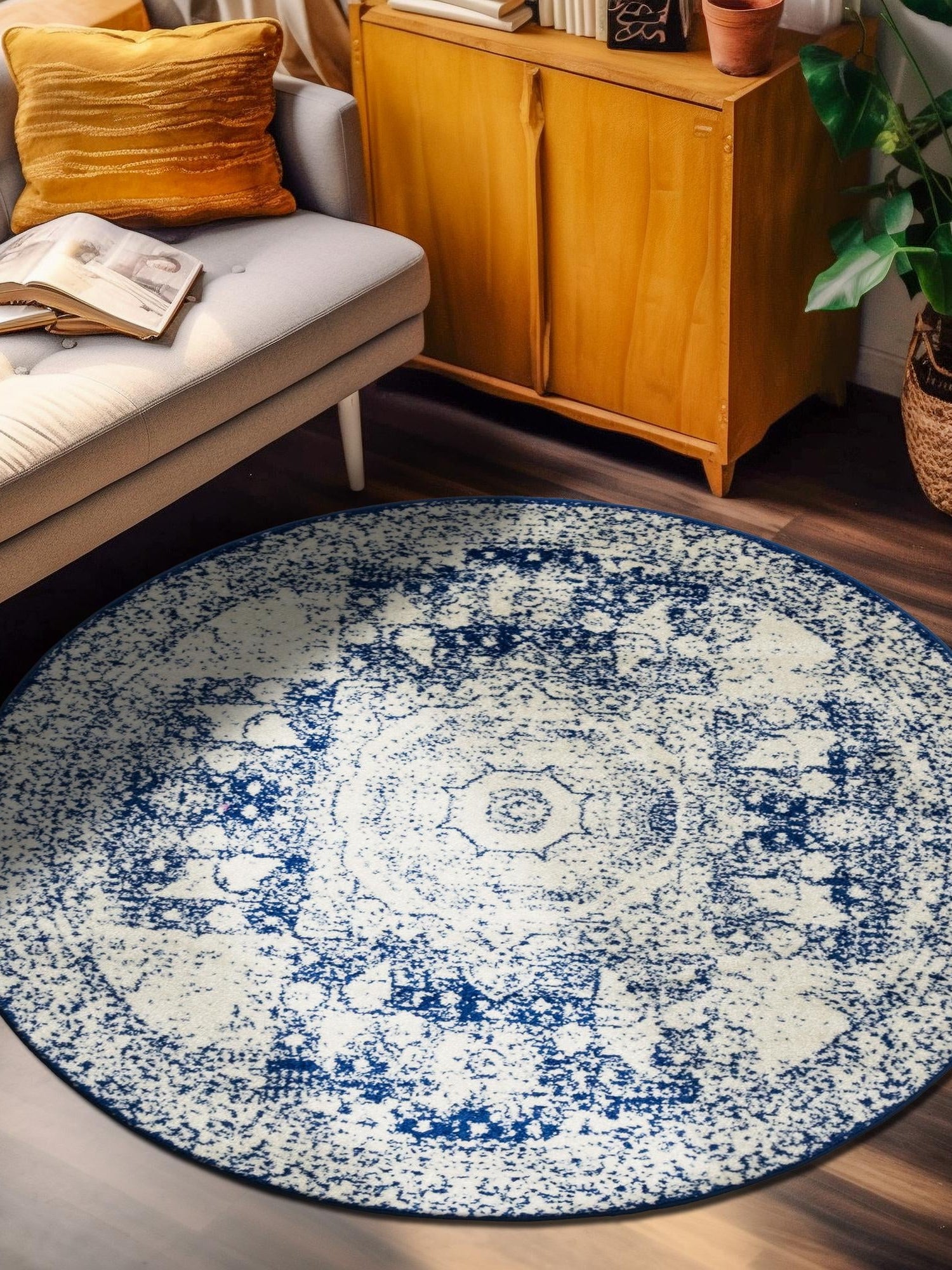 Ivory and Blue 3' 1 x 3' 1 Bromley Round Area Rug 100% Polypropylene With Cotton Backing Vintage Distressed Colorful Traditional Carpet for Living Dining Rooms Offices for Sale at Rug Engine