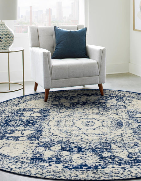 Ivory and Blue 2' x 7' 10 Bromley Round Area Rug 100% Polypropylene With Cotton Backing Vintage Distressed Colorful Traditional Carpet for Living Dining Rooms Offices for Sale at Rug Engine