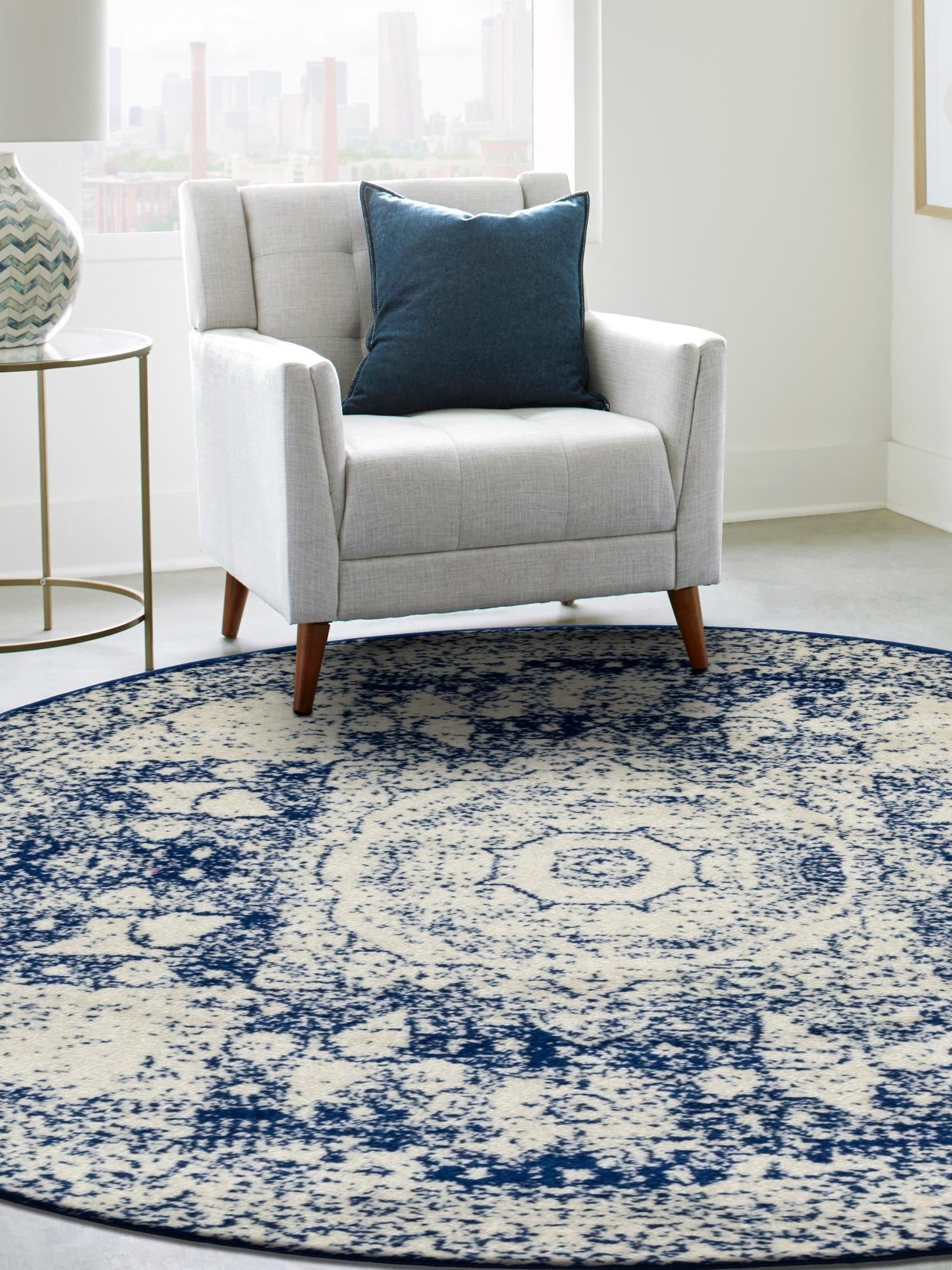 Ivory and Blue 3' 1 x 3' 1 Bromley Round Area Rug 100% Polypropylene With Cotton Backing Vintage Distressed Colorful Traditional Carpet for Living Dining Rooms Offices for Sale at Rug Engine