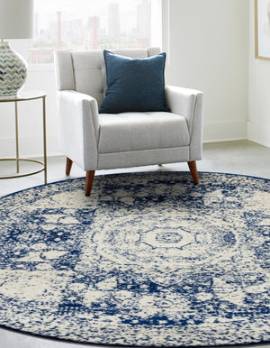 Ivory and Blue 3' 1 x 3' 1 Bromley Round Area Rug 100% Polypropylene With Cotton Backing Vintage Distressed Colorful Traditional Carpet for Living Dining Rooms Offices for Sale at Rug Engine