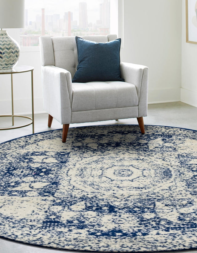 Ivory and Blue 5' 3 x 5' 3 Bromley Round Area Rug 100% Polypropylene With Cotton Backing Vintage Distressed Colorful Traditional Carpet for Living Dining Rooms Offices for Sale at Rug Engine
