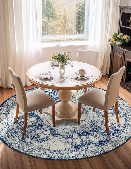Ivory and Blue 5' 3 x 5' 3 Bromley Round Area Rug 100% Polypropylene With Cotton Backing Vintage Distressed Colorful Traditional Carpet for Living Dining Rooms Offices for Sale at Rug Engine