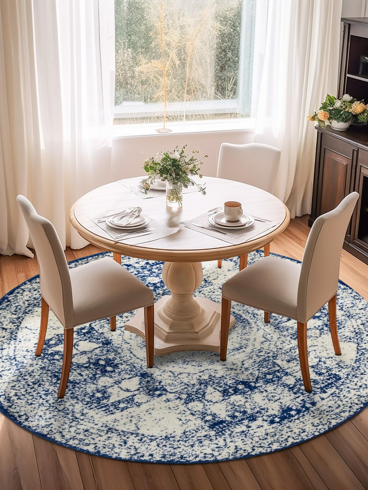 Ivory and Blue 3' 1 x 3' 1 Bromley Round Area Rug 100% Polypropylene With Cotton Backing Vintage Distressed Colorful Traditional Carpet for Living Dining Rooms Offices for Sale at Rug Engine