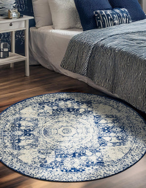 Ivory and Blue 3' 1 x 3' 1 Bromley Round Area Rug 100% Polypropylene With Cotton Backing Vintage Distressed Colorful Traditional Carpet for Living Dining Rooms Offices for Sale at Rug Engine
