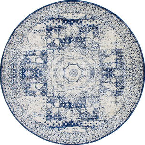 Ivory and Blue 2' x 7' 10 Bromley Round Area Rug 100% Polypropylene With Cotton Backing Vintage Distressed Colorful Traditional Carpet for Living Dining Rooms Offices for Sale at Rug Engine
