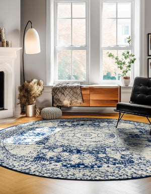 Ivory and Blue 2' x 7' 10 Bromley Round Area Rug 100% Polypropylene With Cotton Backing Vintage Distressed Colorful Traditional Carpet for Living Dining Rooms Offices for Sale at Rug Engine