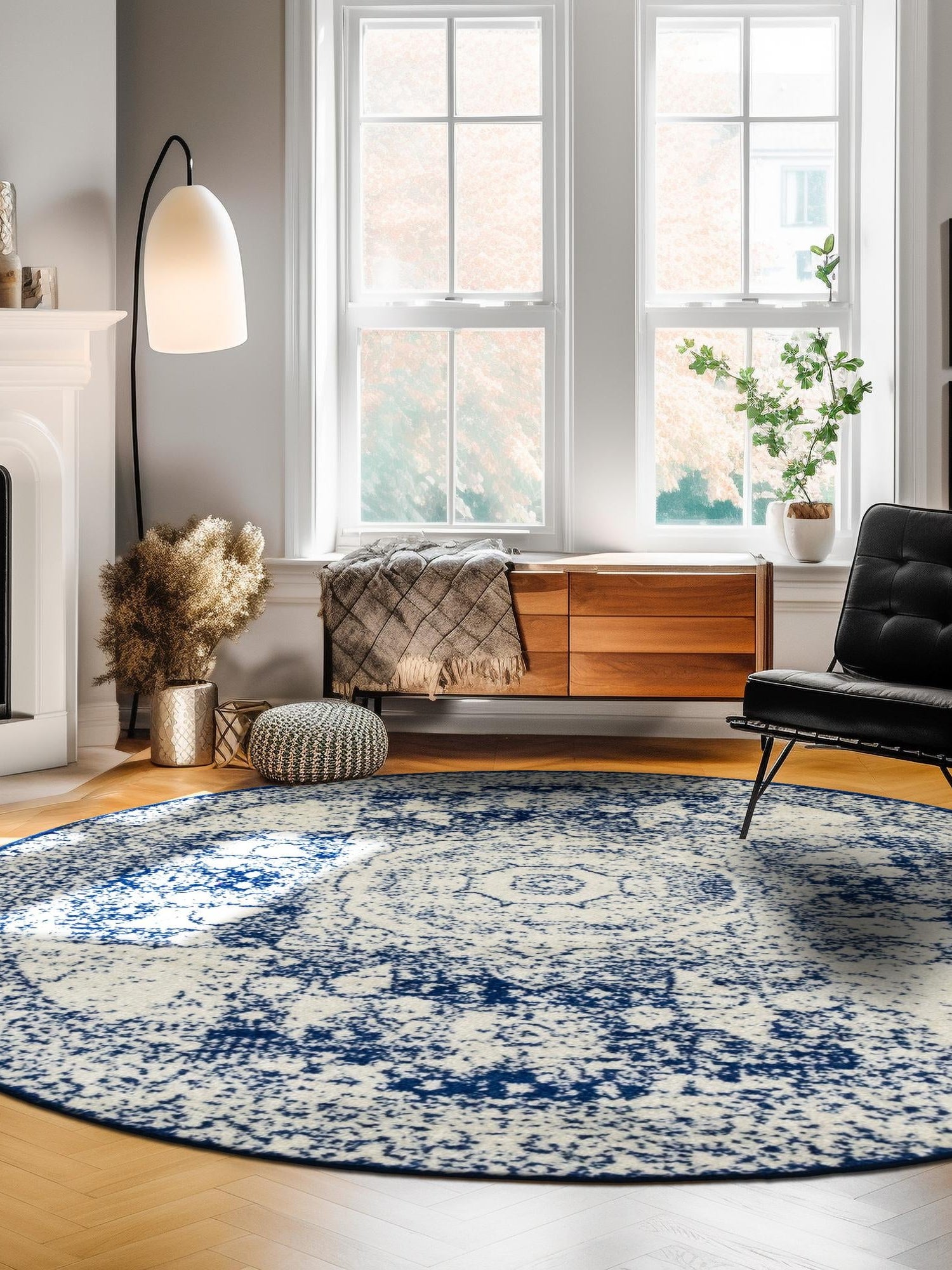 Ivory and Blue 3' 1 x 3' 1 Bromley Round Area Rug 100% Polypropylene With Cotton Backing Vintage Distressed Colorful Traditional Carpet for Living Dining Rooms Offices for Sale at Rug Engine