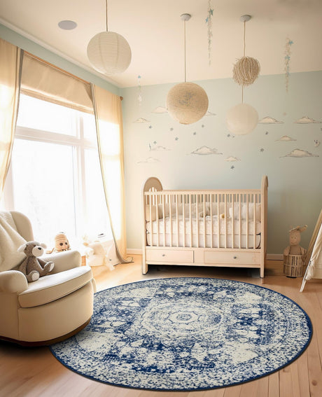 Ivory and Blue 5' 3 x 5' 3 Bromley Round Area Rug 100% Polypropylene With Cotton Backing Vintage Distressed Colorful Traditional Carpet for Living Dining Rooms Offices for Sale at Rug Engine