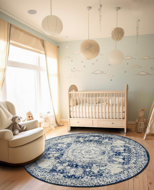 Ivory and Blue 5' 3 x 5' 3 Bromley Round Area Rug 100% Polypropylene With Cotton Backing Vintage Distressed Colorful Traditional Carpet for Living Dining Rooms Offices for Sale at Rug Engine
