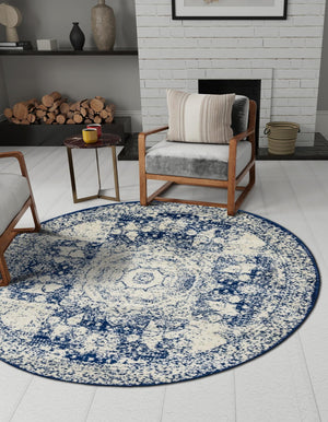 Ivory and Blue 5' 3 x 5' 3 Bromley Round Area Rug 100% Polypropylene With Cotton Backing Vintage Distressed Colorful Traditional Carpet for Living Dining Rooms Offices for Sale at Rug Engine