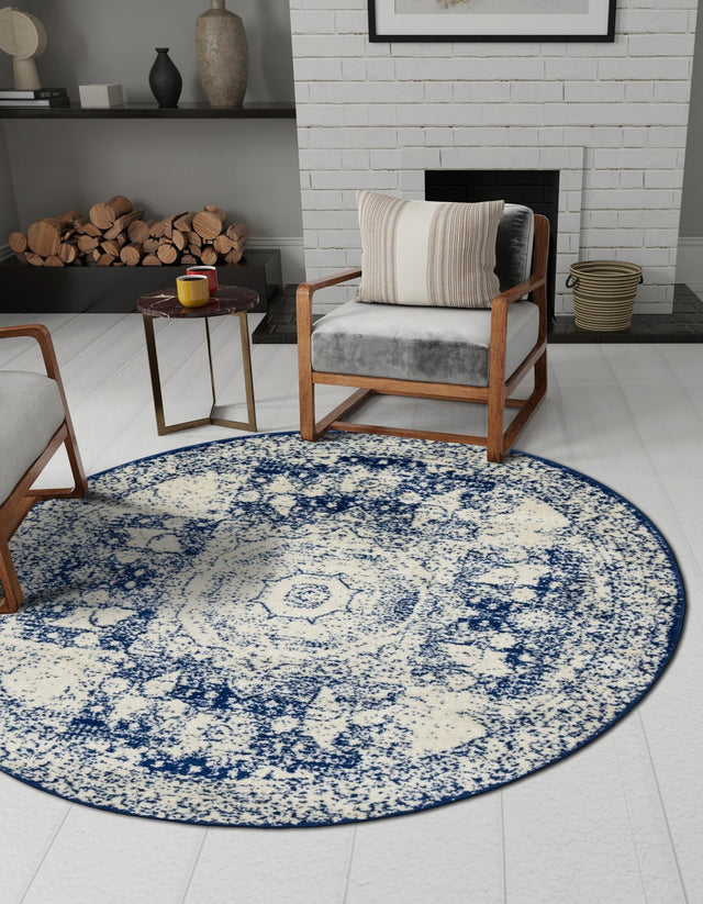 Ivory and Blue 5' 3 x 5' 3 Bromley Round Area Rug 100% Polypropylene With Cotton Backing Vintage Distressed Colorful Traditional Carpet for Living Dining Rooms Offices for Sale at Rug Engine