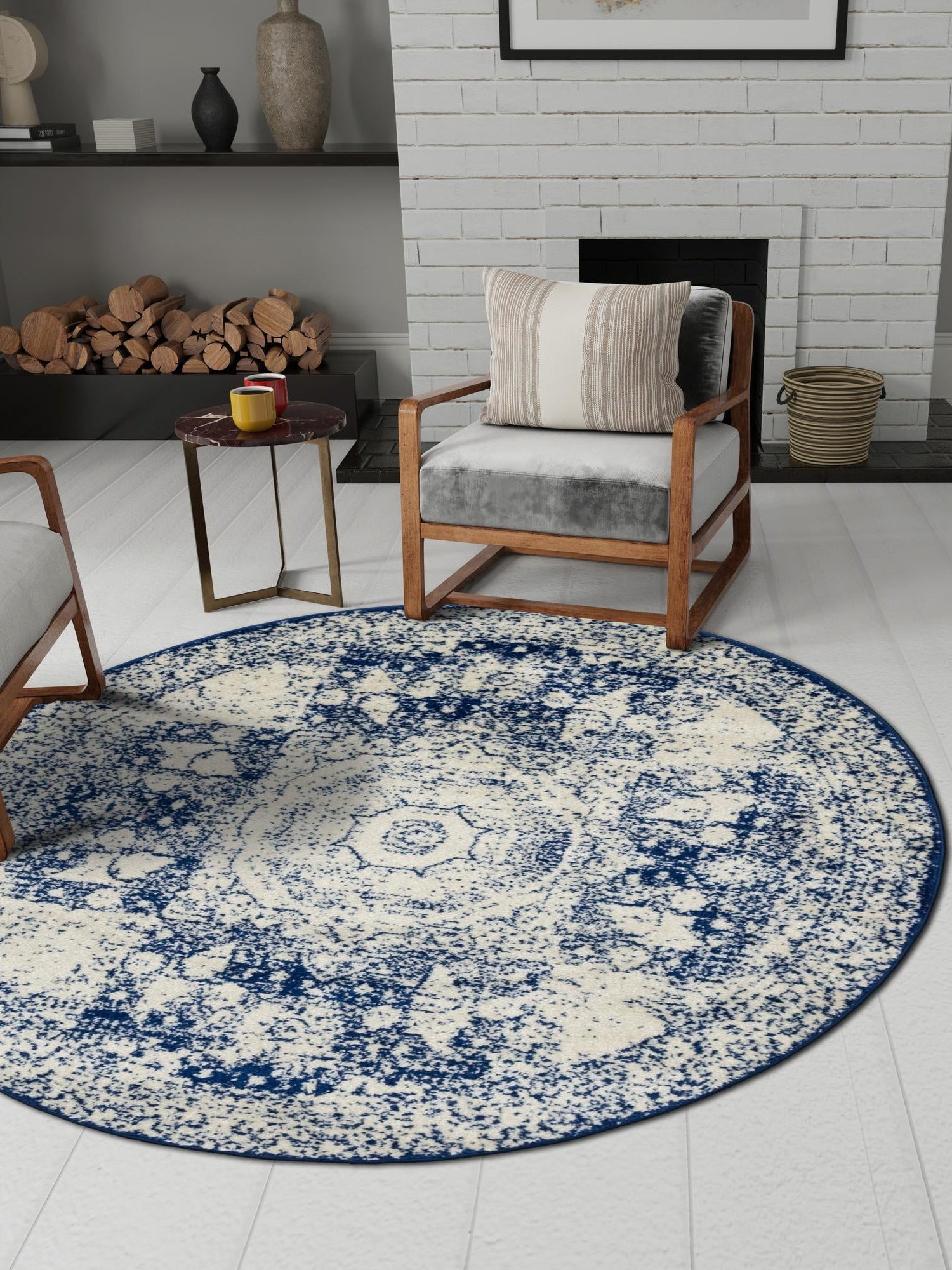 Ivory and Blue 3' 1 x 3' 1 Bromley Round Area Rug 100% Polypropylene With Cotton Backing Vintage Distressed Colorful Traditional Carpet for Living Dining Rooms Offices for Sale at Rug Engine