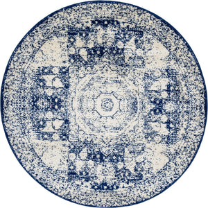 Ivory and Blue 5' 3 x 5' 3 Bromley Round Area Rug 100% Polypropylene With Cotton Backing Vintage Distressed Colorful Traditional Carpet for Living Dining Rooms Offices for Sale at Rug Engine