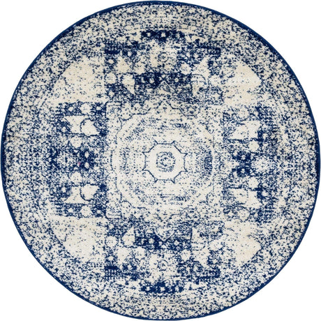 Ivory and Blue 5' 3 x 5' 3 Bromley Round Area Rug 100% Polypropylene With Cotton Backing Vintage Distressed Colorful Traditional Carpet for Living Dining Rooms Offices for Sale at Rug Engine