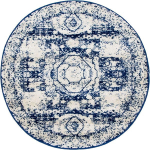 Ivory and Blue 3' 1 x 3' 1 Bromley Round Area Rug 100% Polypropylene With Cotton Backing Vintage Distressed Colorful Traditional Carpet for Living Dining Rooms Offices for Sale at Rug Engine