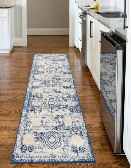 Ivory and Blue 2' x 7' 1 Bromley Runner Area Rug 100% Polypropylene With Cotton Backing Vintage Distressed Colorful Traditional Carpet for Living Dining Rooms Offices for Sale at Rug Engine