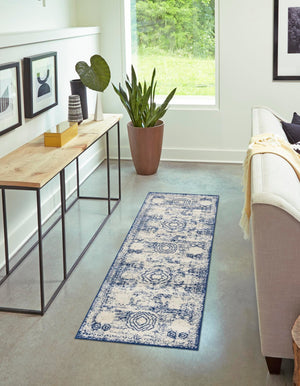 Ivory and Blue 2' x 13' 1 Bromley Runner Area Rug 100% Polypropylene With Cotton Backing Vintage Distressed Colorful Traditional Carpet for Living Dining Rooms Offices for Sale at Rug Engine