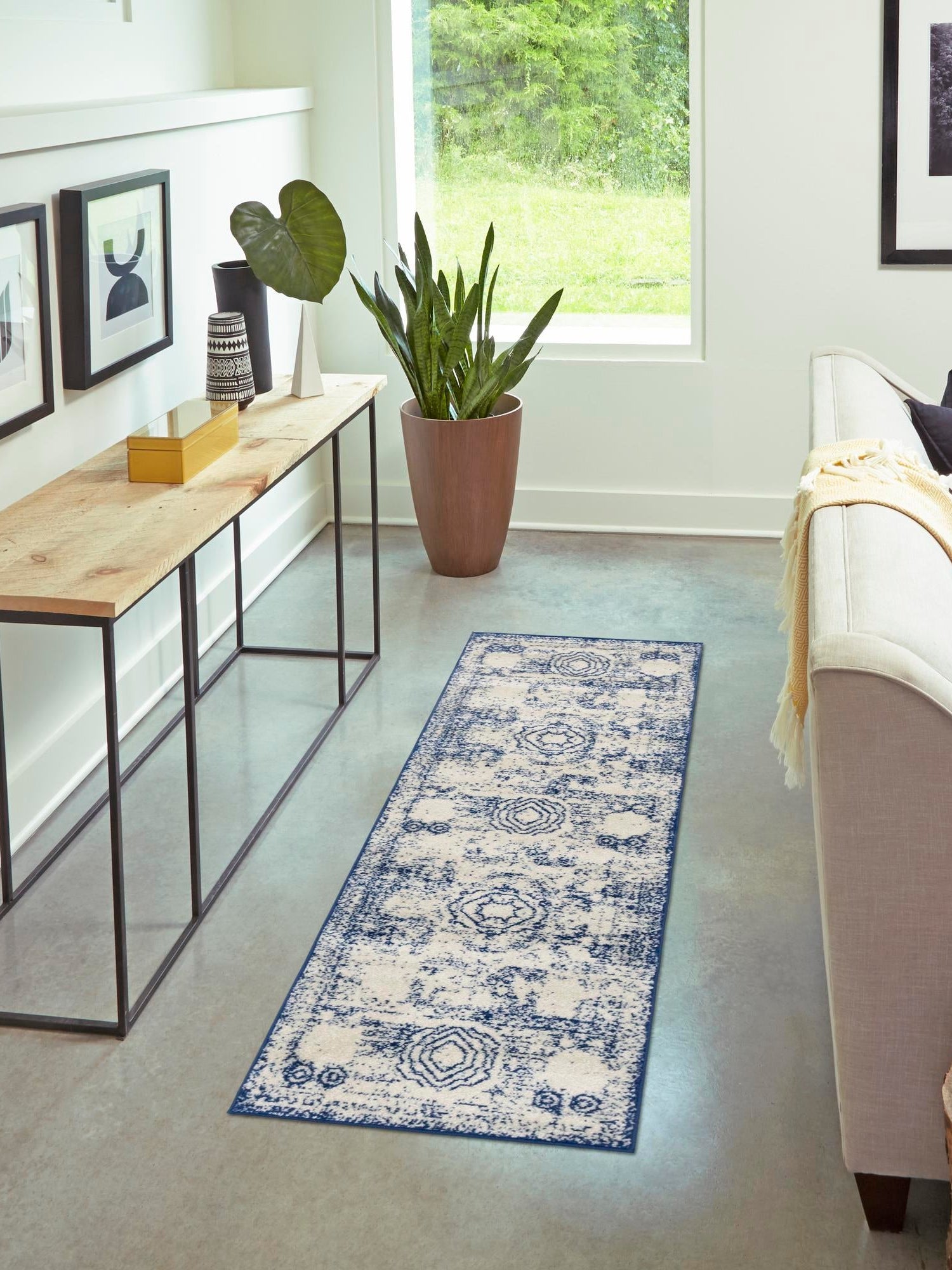 Ivory and Blue 2' x 7' 1 Bromley Runner Area Rug 100% Polypropylene With Cotton Backing Vintage Distressed Colorful Traditional Carpet for Living Dining Rooms Offices for Sale at Rug Engine