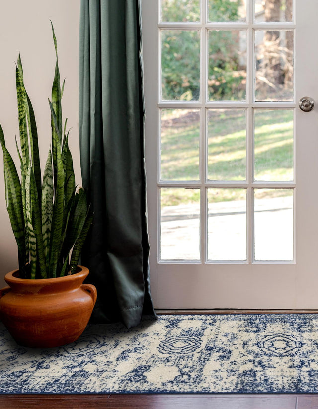 Ivory and Blue 2' x 7' 1 Bromley Runner Area Rug 100% Polypropylene With Cotton Backing Vintage Distressed Colorful Traditional Carpet for Living Dining Rooms Offices for Sale at Rug Engine