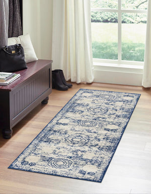 Ivory and Blue 2' x 9' Bromley Runner Area Rug 100% Polypropylene With Cotton Backing Vintage Distressed Colorful Traditional Carpet for Living Dining Rooms Offices for Sale at Rug Engine