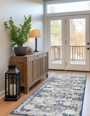 Ivory and Blue 2' x 7' 1 Bromley Runner Area Rug 100% Polypropylene With Cotton Backing Vintage Distressed Colorful Traditional Carpet for Living Dining Rooms Offices for Sale at Rug Engine