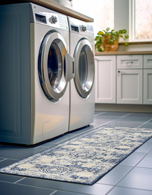 Ivory and Blue 2' x 13' 1 Bromley Runner Area Rug 100% Polypropylene With Cotton Backing Vintage Distressed Colorful Traditional Carpet for Living Dining Rooms Offices for Sale at Rug Engine