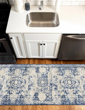 Ivory and Blue 2' x 7' 1 Bromley Runner Area Rug 100% Polypropylene With Cotton Backing Vintage Distressed Colorful Traditional Carpet for Living Dining Rooms Offices for Sale at Rug Engine