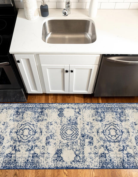 Ivory and Blue 2' x 7' 1 Bromley Runner Area Rug 100% Polypropylene With Cotton Backing Vintage Distressed Colorful Traditional Carpet for Living Dining Rooms Offices for Sale at Rug Engine