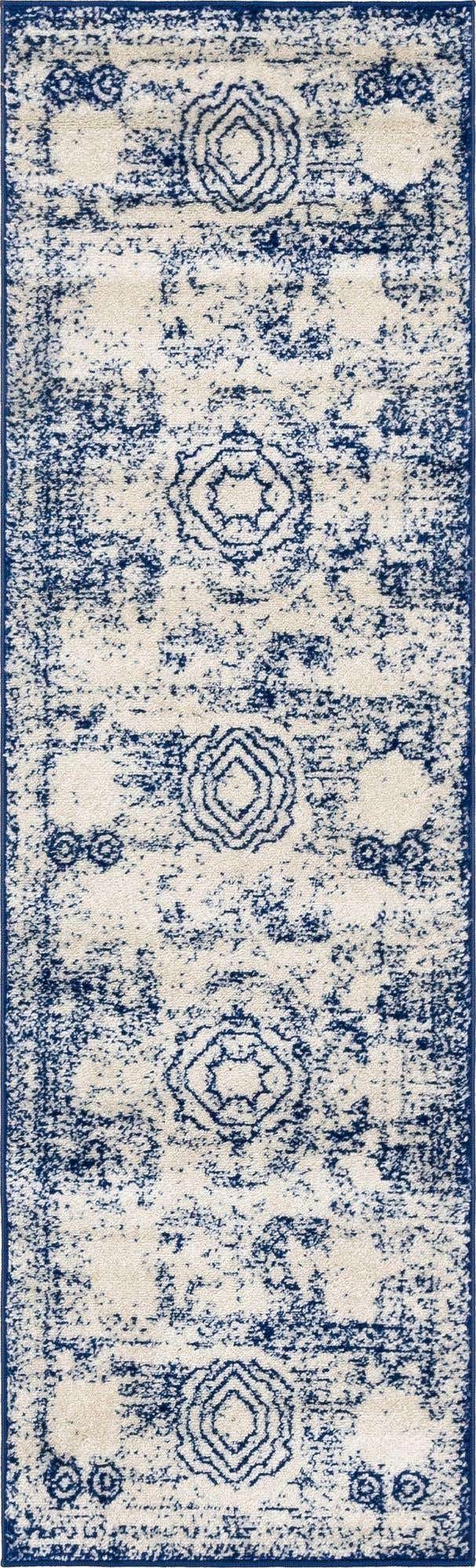 Ivory and Blue 2' x 7' 1 Bromley Runner Area Rug 100% Polypropylene With Cotton Backing Vintage Distressed Colorful Traditional Carpet for Living Dining Rooms Offices for Sale at Rug Engine
