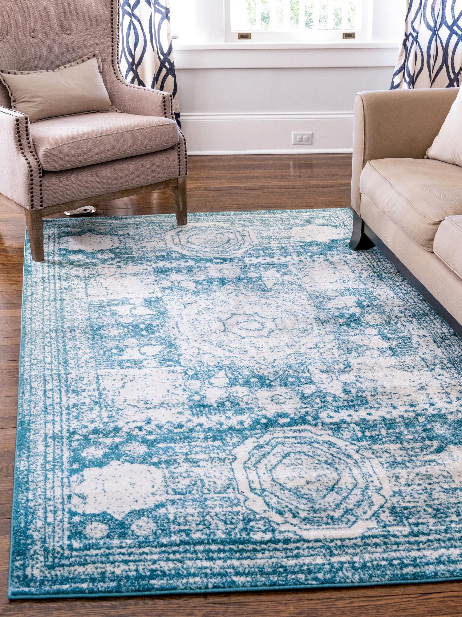 Turquoise 3' 3 x 5' 3 Bromley Rectangle Area Rug 100% Polypropylene With Cotton Backing Vintage Distressed Colorful Traditional Carpet for Living Dining Rooms Offices for Sale at Rug Engine