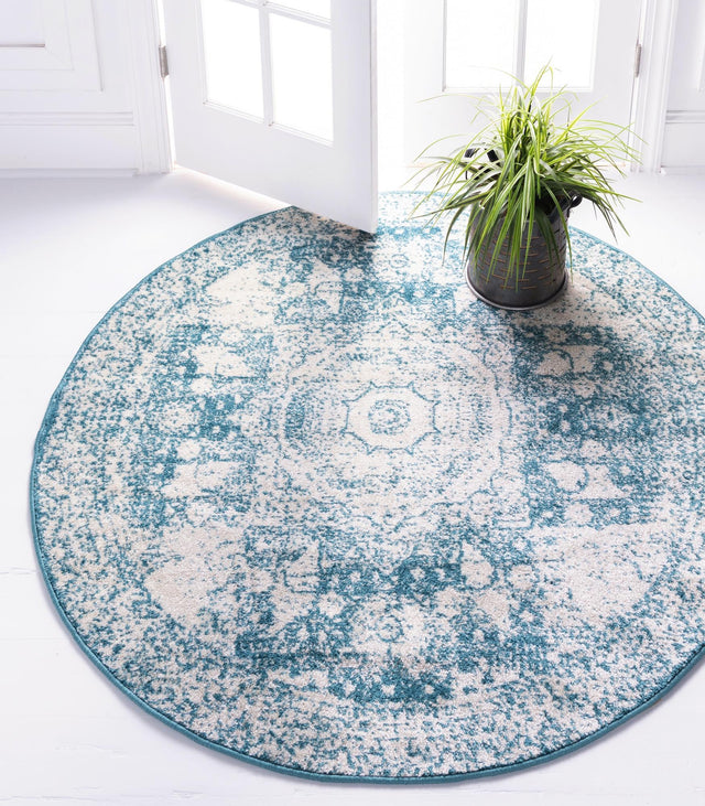 Turquoise 8' x 8' Bromley Round Area Rug 100% Polypropylene With Cotton Backing Vintage Distressed Colorful Traditional Carpet for Living Dining Rooms Offices for Sale at Rug Engine