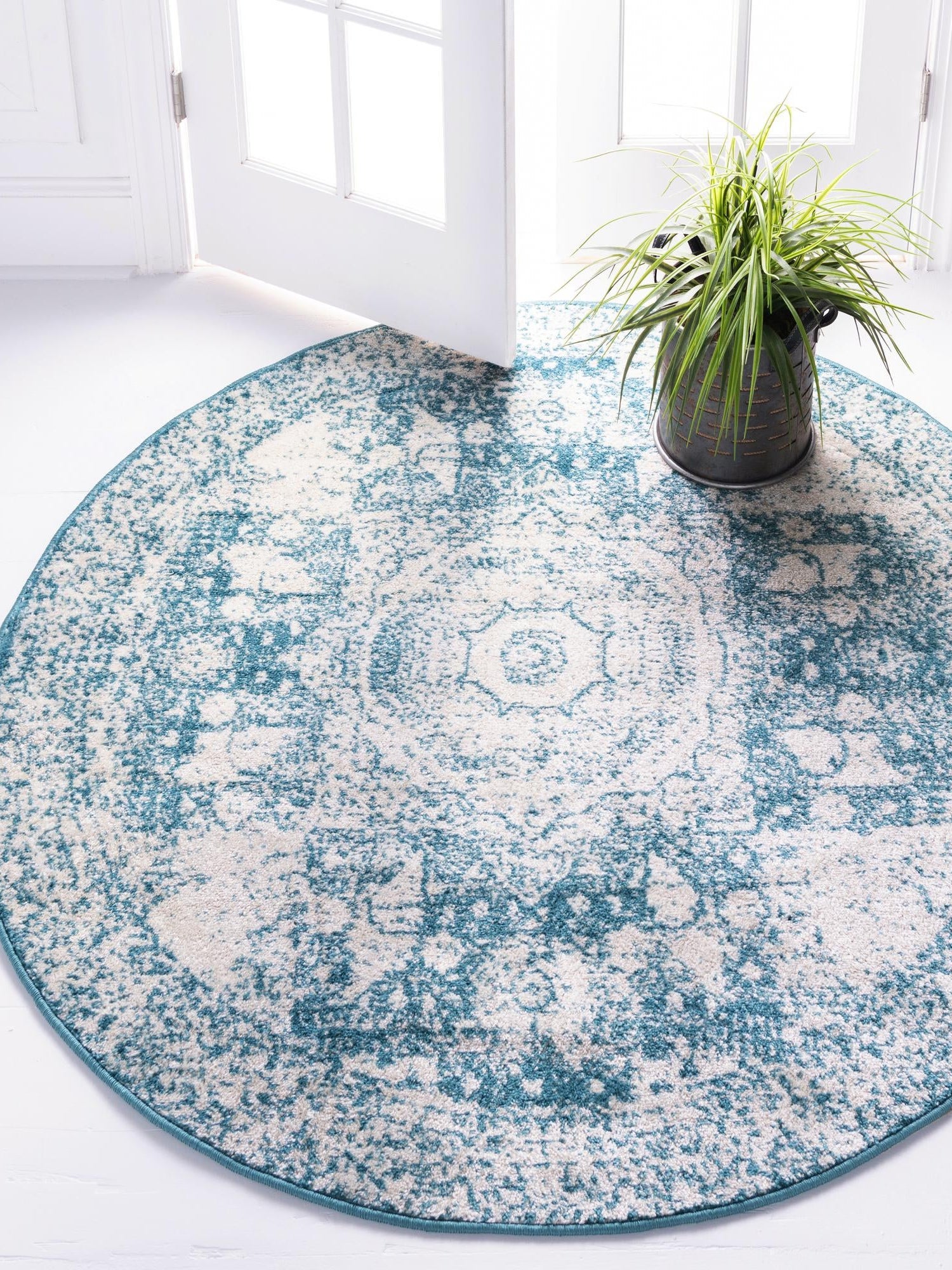 Turquoise 3' x 3' Bromley Round Area Rug 100% Polypropylene With Cotton Backing Vintage Distressed Colorful Traditional Carpet for Living Dining Rooms Offices for Sale at Rug Engine