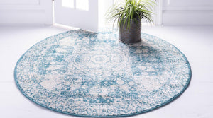 Turquoise 8' x 8' Bromley Round Area Rug 100% Polypropylene With Cotton Backing Vintage Distressed Colorful Traditional Carpet for Living Dining Rooms Offices for Sale at Rug Engine