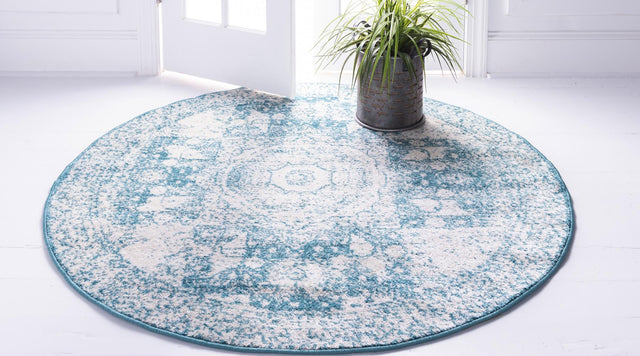Turquoise 3' x 3' Bromley Round Area Rug 100% Polypropylene With Cotton Backing Vintage Distressed Colorful Traditional Carpet for Living Dining Rooms Offices for Sale at Rug Engine