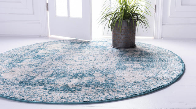 Turquoise 5' 1 x 5' 1 Bromley Round Area Rug 100% Polypropylene With Cotton Backing Vintage Distressed Colorful Traditional Carpet for Living Dining Rooms Offices for Sale at Rug Engine