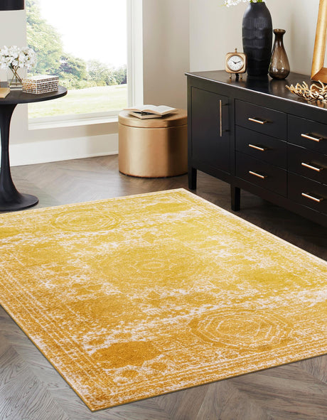 Yellow 9' x 12' Bromley Rectangle Area Rug 100% Polypropylene With Cotton Backing Vintage Distressed Colorful Traditional Carpet for Living Dining Rooms Offices for Sale at Rug Engine