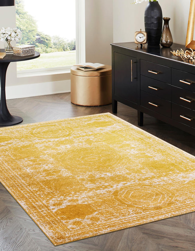 Yellow 9' x 12' Bromley Rectangle Area Rug 100% Polypropylene With Cotton Backing Vintage Distressed Colorful Traditional Carpet for Living Dining Rooms Offices for Sale at Rug Engine