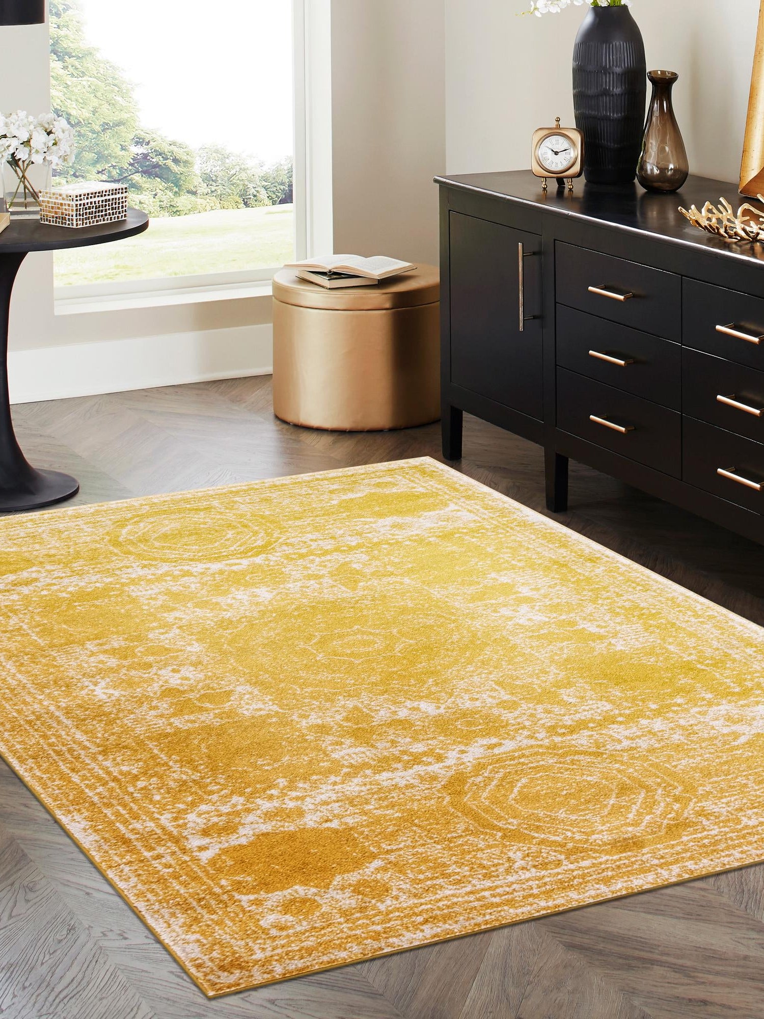 Yellow 7' 10 x 10' Bromley Rectangle Area Rug 100% Polypropylene With Cotton Backing Vintage Distressed Colorful Traditional Carpet for Living Dining Rooms Offices for Sale at Rug Engine