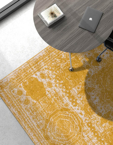 Yellow 9' x 12' Bromley Rectangle Area Rug 100% Polypropylene With Cotton Backing Vintage Distressed Colorful Traditional Carpet for Living Dining Rooms Offices for Sale at Rug Engine