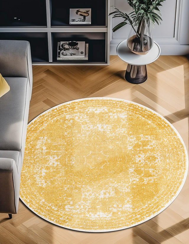 Yellow 12' x 12' Bromley Round Area Rug 100% Polypropylene With Cotton Backing Vintage Distressed Colorful Traditional Carpet for Living Dining Rooms Offices for Sale at Rug Engine