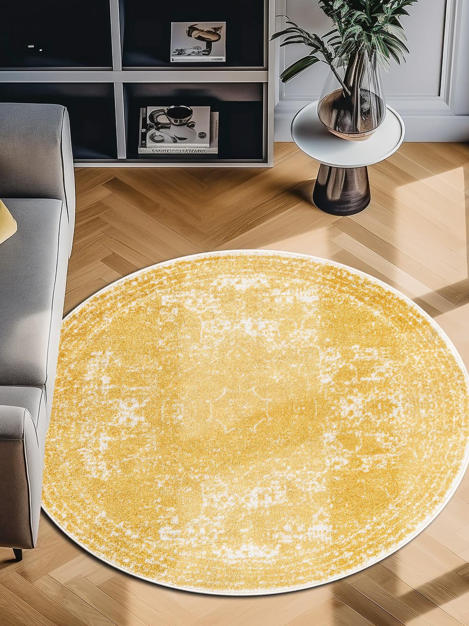 Yellow 10' x 10' Bromley Round Area Rug 100% Polypropylene With Cotton Backing Vintage Distressed Colorful Traditional Carpet for Living Dining Rooms Offices for Sale at Rug Engine