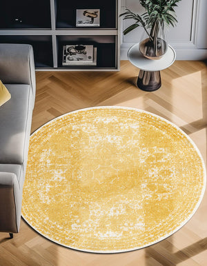 Yellow 10' x 10' Bromley Round Area Rug 100% Polypropylene With Cotton Backing Vintage Distressed Colorful Traditional Carpet for Living Dining Rooms Offices for Sale at Rug Engine