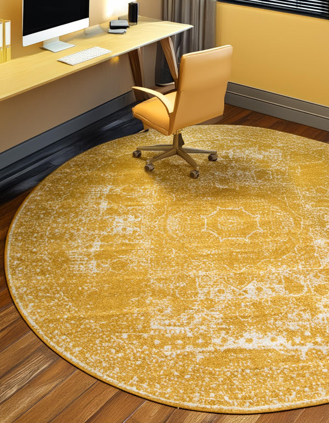Yellow 5' 3 x 5' 3 Bromley Round Area Rug 100% Polypropylene With Cotton Backing Vintage Distressed Colorful Traditional Carpet for Living Dining Rooms Offices for Sale at Rug Engine