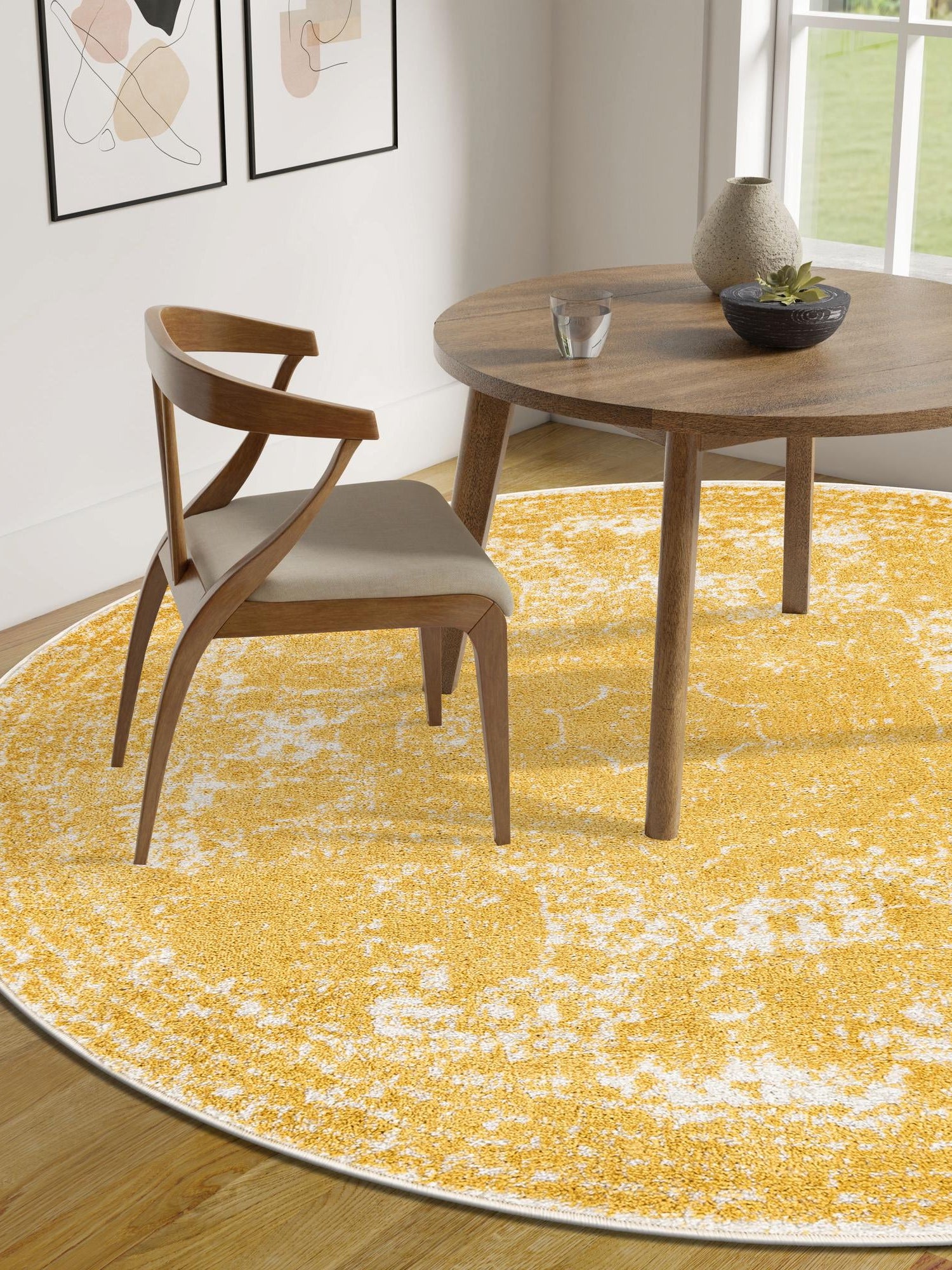 Yellow 5' 3 x 5' 3 Bromley Round Area Rug 100% Polypropylene With Cotton Backing Vintage Distressed Colorful Traditional Carpet for Living Dining Rooms Offices for Sale at Rug Engine
